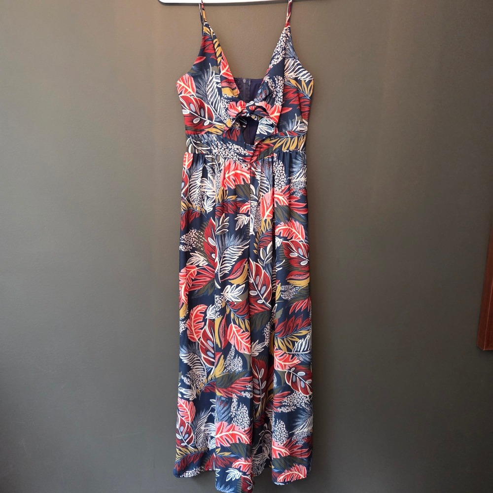 Jodi Kristopher Tropical Leaf Print Wide Leg Jumpsuit Navy Red Size 5 Resortwear
